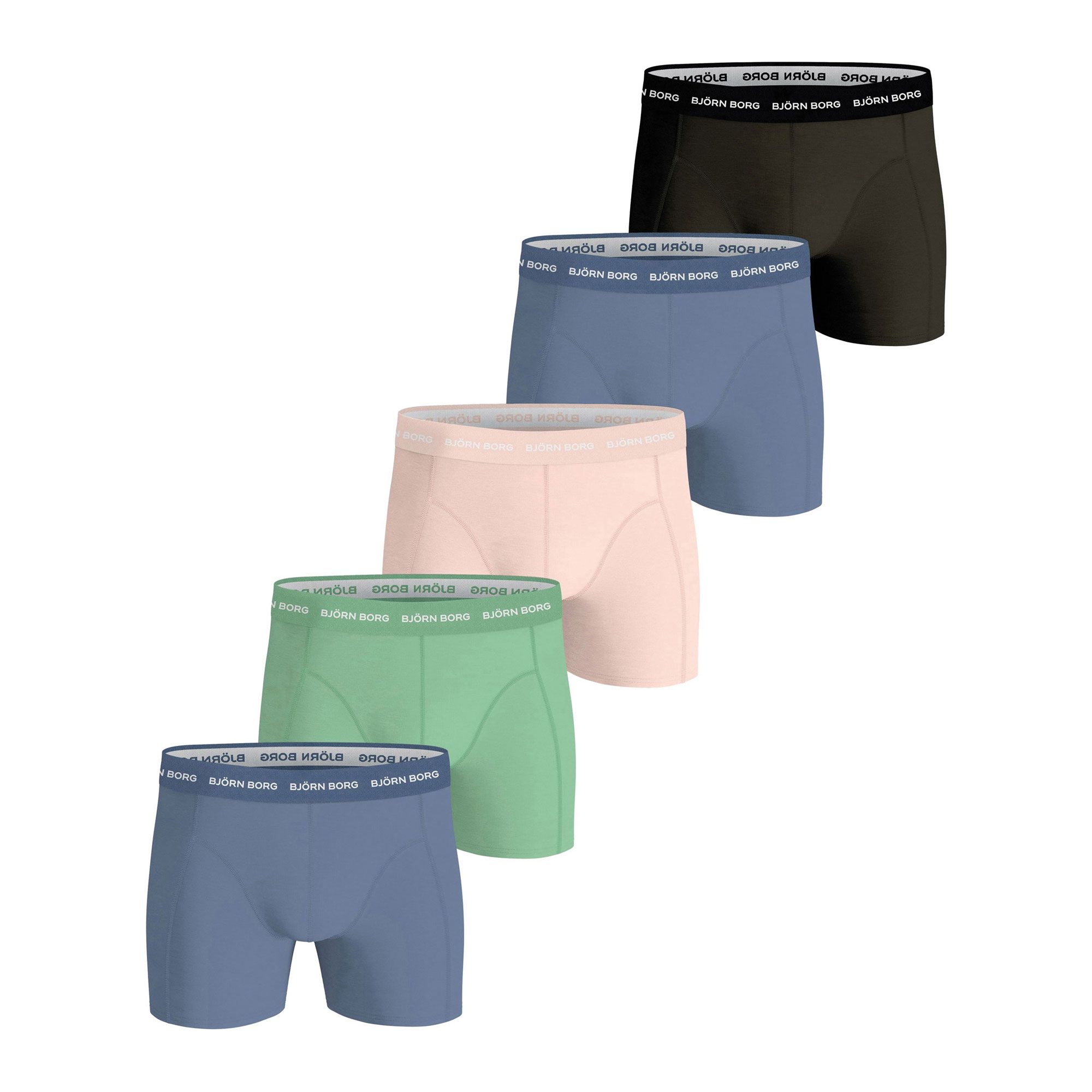 Bjorn Borg Cotton Stretch Boxers, Heren Boxers Normale Lengte 5 Pack Zwart 3 Tinten Blauw En Blauw Met Groene Print 10004927 Mp002